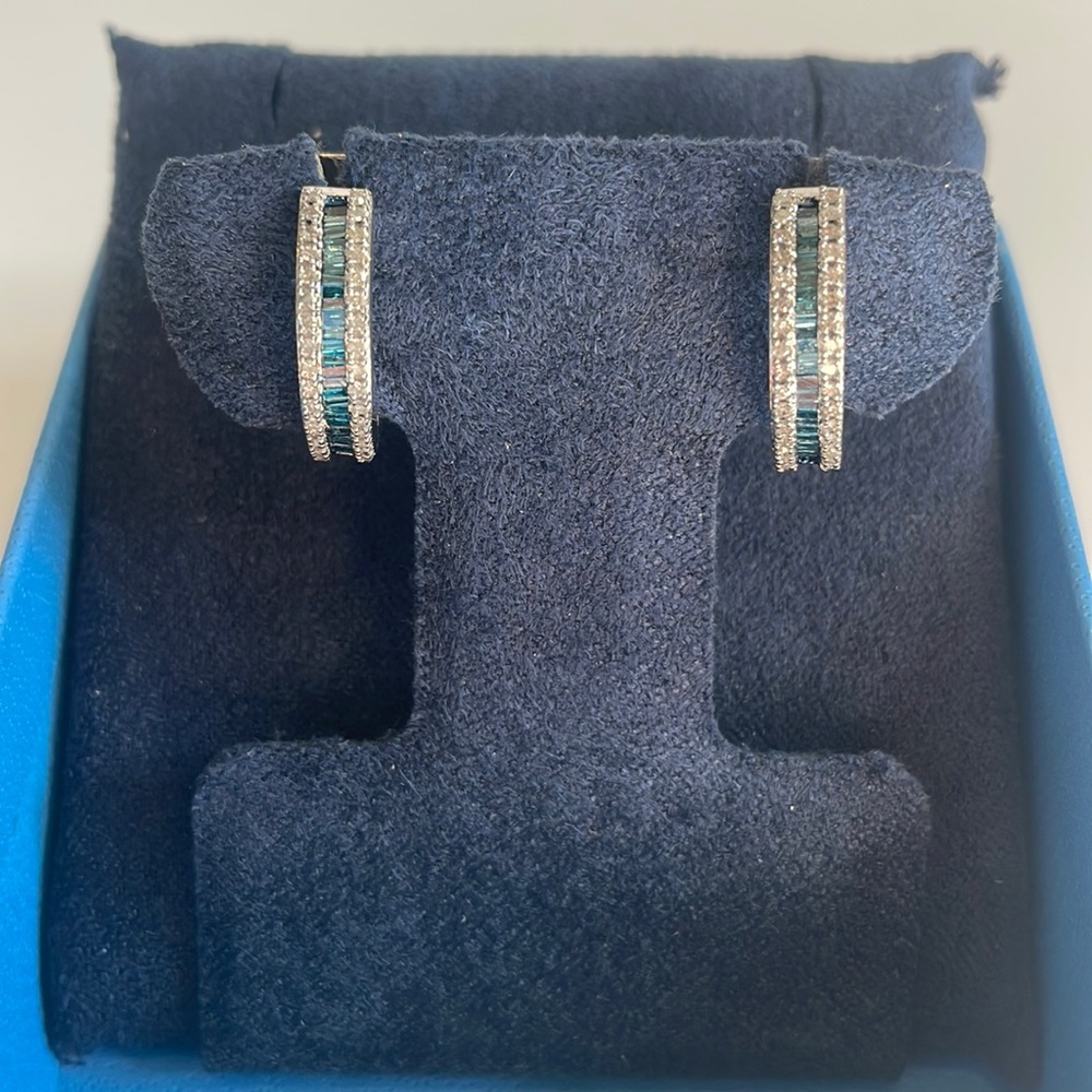 Diamond & Sapphire huggie earrings hoops in Sterling Silver